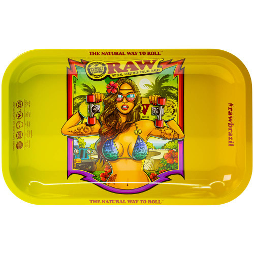Top view showing the artwork on this Raw Brazil Rolling Tray, featuring an illustration by Cristiano Suarez.