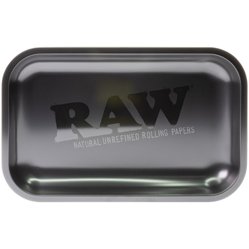 Top view of this RAW Murder'd Rolling Tray. The matte finish is contrasted with the glossy RAW logo in the center.