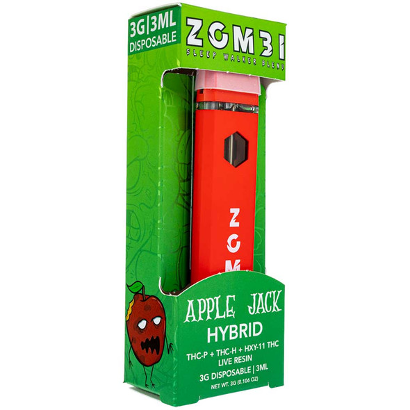 Quarter view of a Live Resin THC-Blend disposable vape made with the Apple Jack strain. Quarter view of a Live Resin THC-Blend disposable vape made with the Apple Jack strain.