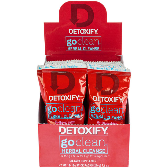 An open display box containing 12 stick packs of Detoxify Go Clean.