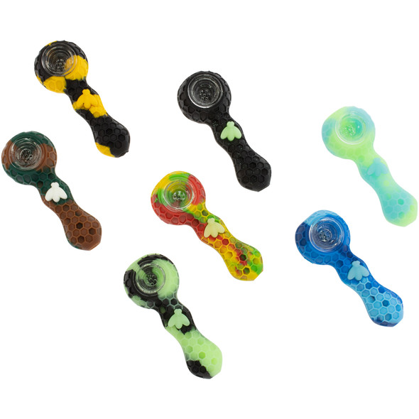 Stratus 4" Silicone Bee Spoon Pipe – Honeycomb Hand Pipe with Glass Bowl – Assorted Colors