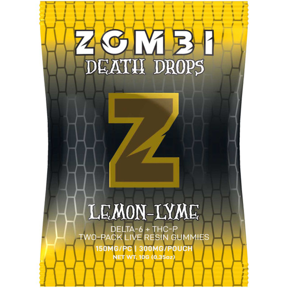 Front of Zombi Lemon Lyme Death Drops 2-Pack THC Gummies pouch with Live Resin label Front of Zombi Lemon Lyme Death Drops 2-Pack THC Gummies pouch with Live Resin label