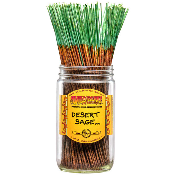 100 Desert Sage-scented Wild Berry Traditional Incense Sticks in a labeled jar with their signature green-colored sticks emerging at the top.