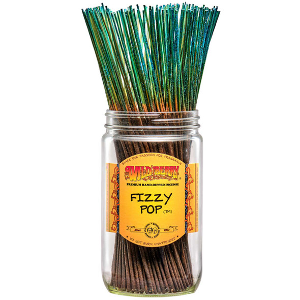 100 Fizzy Pop-scented Wild Berry Traditional Incense Sticks in a labeled jar with their signature blue and glitter sticks emerging at the top.