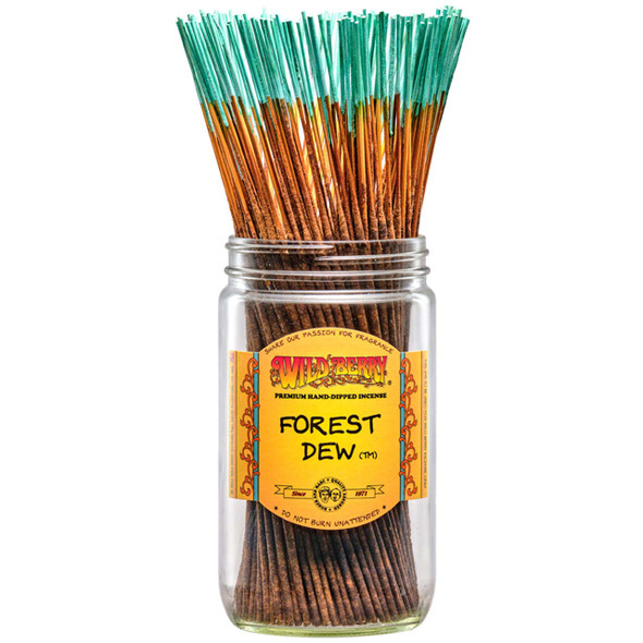 100 Forest Dew-scented Wild Berry Traditional Incense Sticks in a labeled jar with their signature blue-green-tipped sticks emerging at the top.