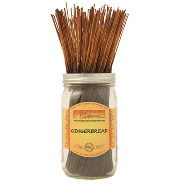 100 Gingerbread-scented Wild Berry Traditional Incense Sticks in a labeled jar with their signature orange and brown painted sticks emerging at the top.