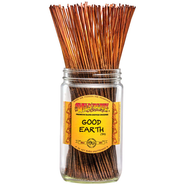 100 Good Earth-scented Wild Berry Traditional Incense Sticks in a labeled jar with their signature brown painted sticks emerging at the top.