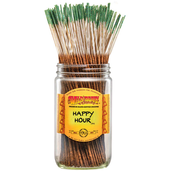 100 Happy Hour-scented Wild Berry Traditional Incense Sticks in a labeled jar with their signature white and light green glittery sticks emerging at the top.