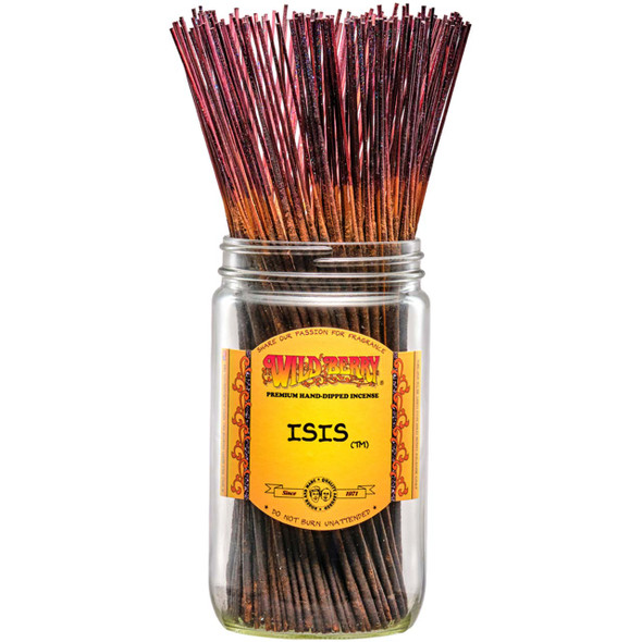 100 Isis-scented Wild Berry Traditional Incense Sticks in a labeled jar with their signature purple colored glittery sticks emerging at the top.