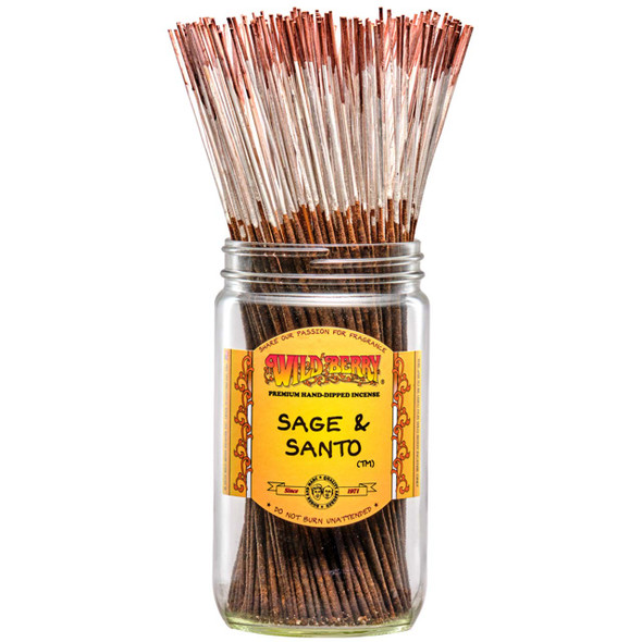 100 Sage and Santo-scented Wild Berry Traditional Incense Sticks in a labeled jar with their signature white-colored sticks with brown tips emerging at the top.