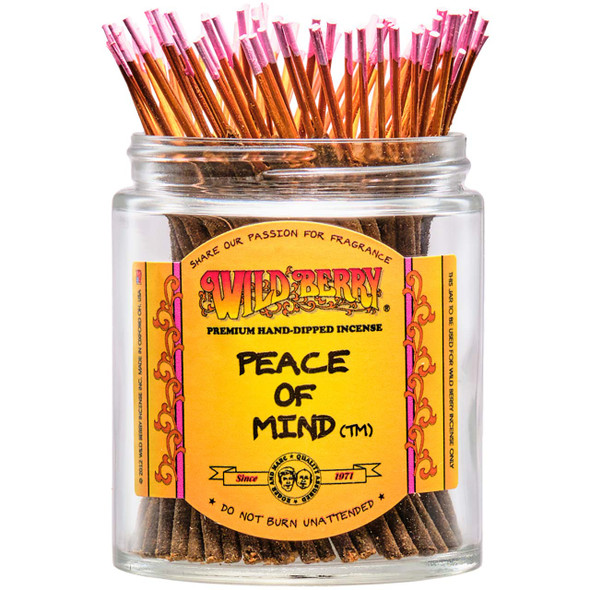 100 Peace of Mind-scented Wild Berry Shorties Incense Sticks in a labeled jar with their signature Pink-colored sticks emerging at the top.