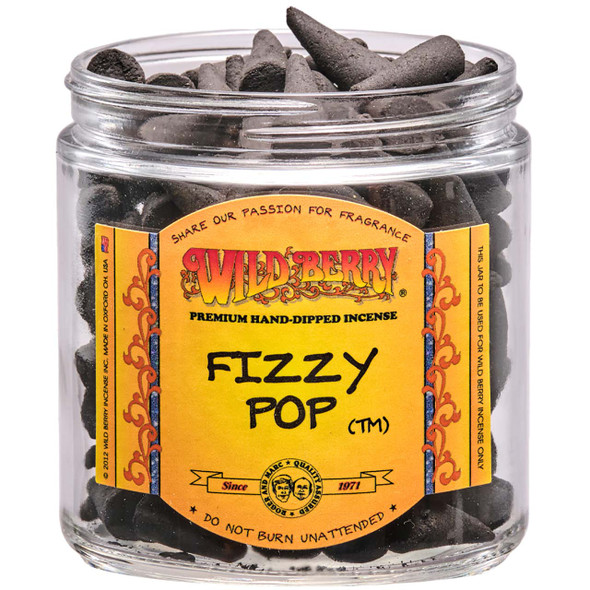 A labeled jar containing 100 Wild Berry Fizzy Pop Incense Cones.