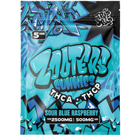 Front of Trip Drip Zooters Gummies Sour Blue Raspberry 5-Pack pouch – 2,500 mg HHC + THCP THC Gummies Front of Trip Drip Zooters Gummies Sour Blue Raspberry 5-Pack pouch – 2,500 mg HHC + THCP THC Gummies