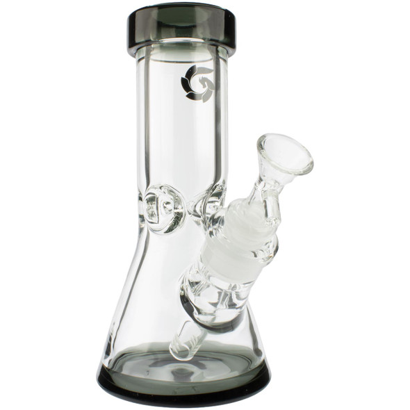 Glass House Legacy Series 8-inch Classic Beaker Bong angled view showing thick 9mm glass with downstem and bowl accessories
