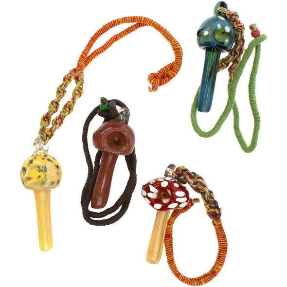 Himalayan Creations Glass Mushroom Necklace Pipe – Wearable Festival Pipe on Hemp Cord – Assorted Styles