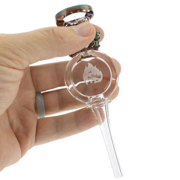 Hand holding Wulf Mods Redwood glass nectar collector to show size