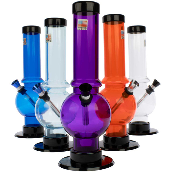 Assorted colors of JM Enterprises 9" Bubble Bong - Skinny 1.5" Diameter staggered on a white background.