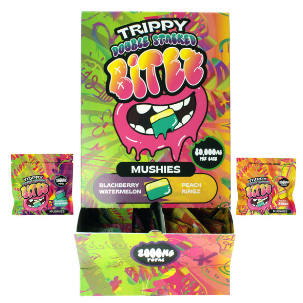 Trippy Double Stacked Bitez Mushies mushroom gummies edibles in Blackberry watermelon or peach ringz flavors with colorful collectible packaging display box with packages