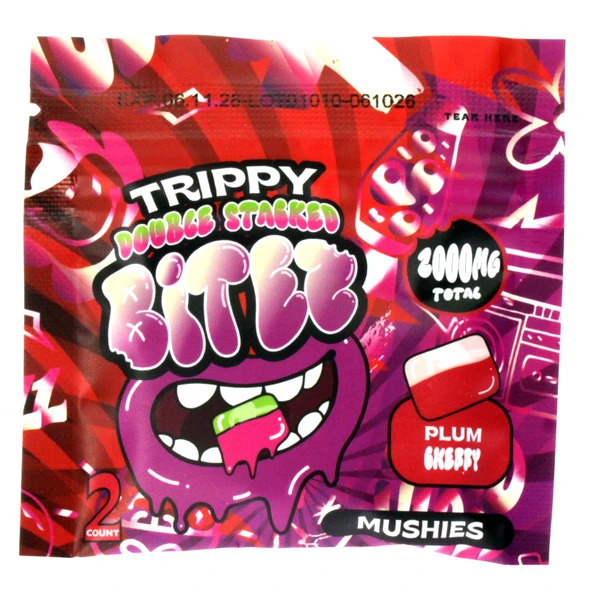 Trippy Double Stacked Bitez Mushies mushroom gummies in Dragon Fruit Melon and Plum Cherry flavors with colorful collectible packaging lab tested front of package