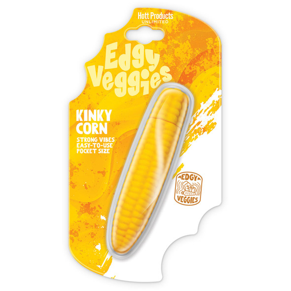 Edgy Veggies Kinky Corn corn-shaped mini vibrator in retail packaging by Hott Products