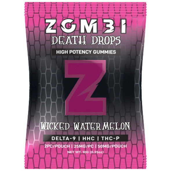 A single pouch of Zombi Death Drops Wicked Watermelon HHC gummies