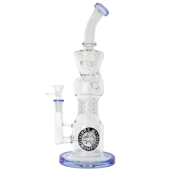 13 inch Flying Pig branded recycler water pipe with blue accents matrix perc and 14mm bowl with thumb grip