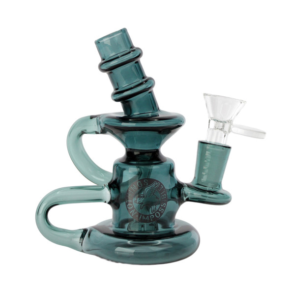 Flying Pig 5-inch teal mini recycler dab rig water pipe with showerhead percolator, thick borosilicate glass, removable 14mm male herb bowl, and compatibility with a 14mm male quartz banger better side view.