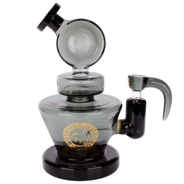 Flying Pig 8-inch black glass water pipe with matching Flying Pig hook bowl, smoke gray borosilicate glass, and sturdy wide base, front view.