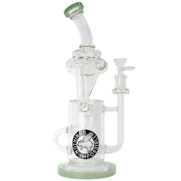 12.5 inch Nothing's Impossible thick glass recycler bong with puck perc and green accents main,