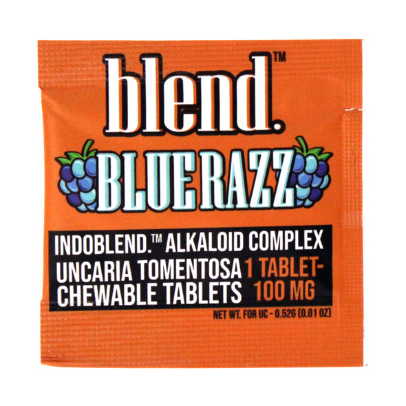 Blend Cat's Claw Uncaria tomentosa botanical extract chewable tablets, blue razz flavor, 100mg each, 1  single tablet per pack, 100mg total front of package.