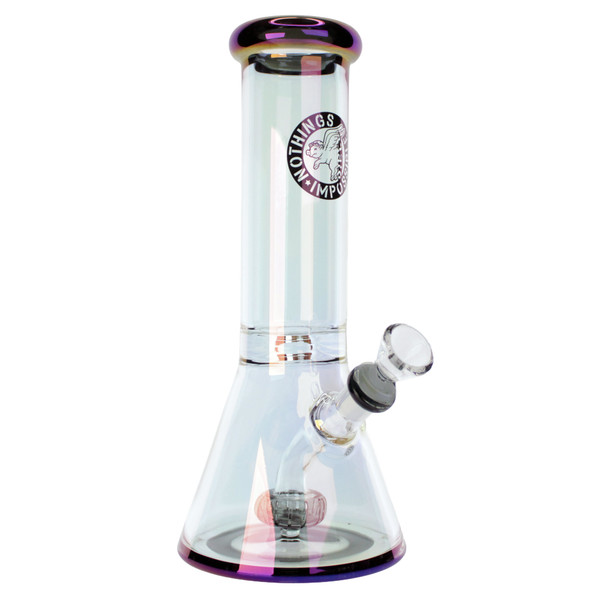 Nothing's Impossible electroplated iridescent beaker bong with thick borosilicate glass, built-in downstem percolator, bullet-hole ice pinch, and removable 14mm herb bowl