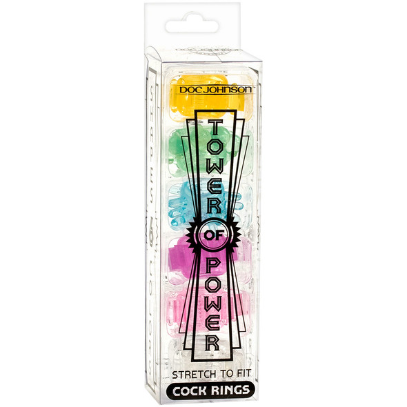 Doc Johnson's Tower of Power cock ring set, with 6 unique cock rings packaged neatly.
