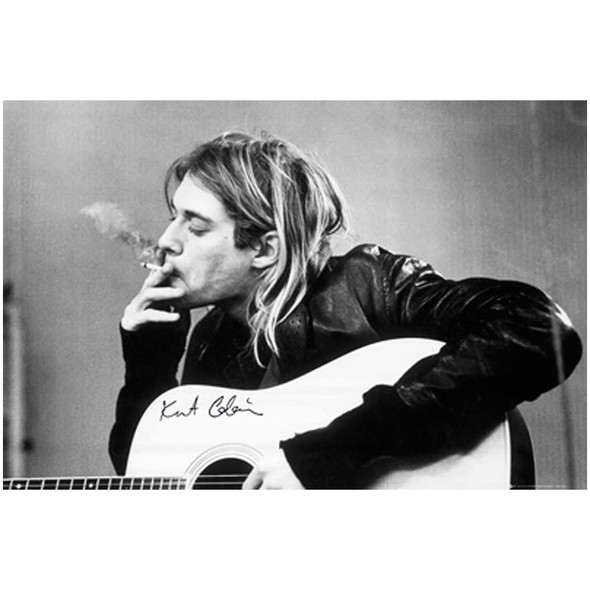 Popular Kurt Cobain smoking holding a guitar with his signature, the artwork on this poster.