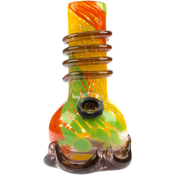 Front view of Attaglass 5.5-inch Rasta mini bubble bong made from soft glass with wave base and coil-wrapped neck