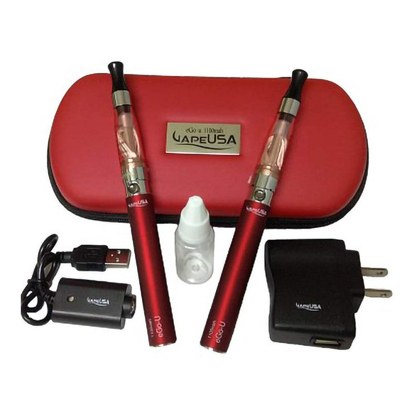 Pictured is everything included with this kit: two 1100mAh batteries and two CE6 Clearomizer tanks; a 510 to USB charger, as well as a wall adapter for it; a e-juice dropper; and a hard shell case for it all to fit within.