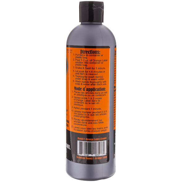 The left side of a bottle of Randy's Orange Label Cleaner detailing its instructions.