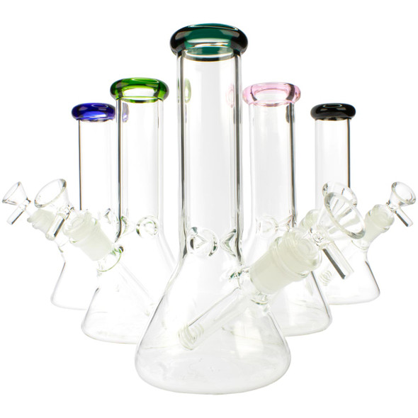 Group of unbranded Diamond Glass 8-inch beaker bongs in assorted rim colors including blue, green, pink, and black