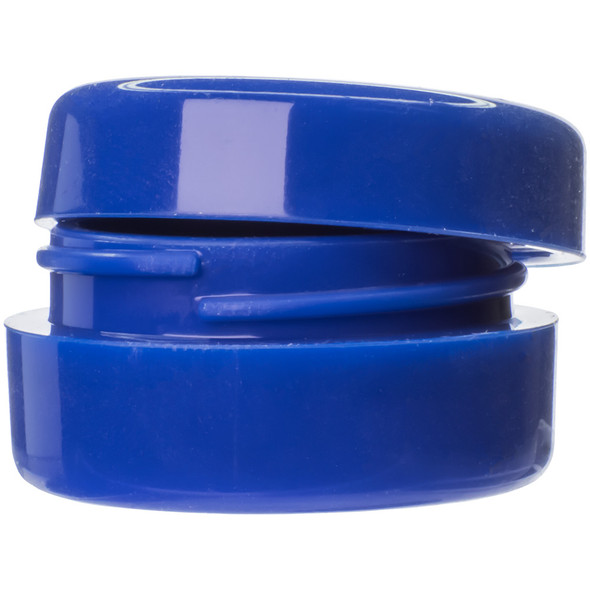 Side view of this NoGoo Custom Blue stash jar with the top ajar, showing the threading.