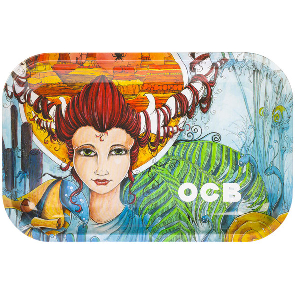 Looking down at the graphic on one OCB Artist Series Medium Rolling Tray.