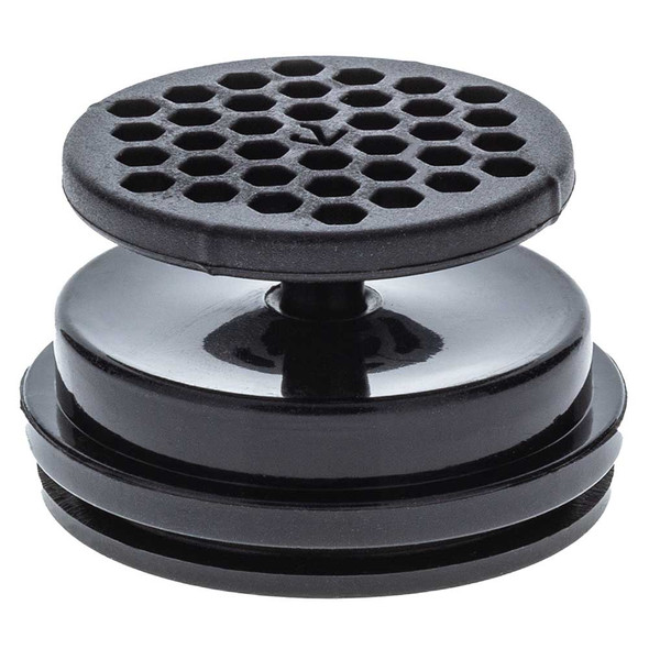 Profile view of the Diffuser Plug for the Eyce Sidecar. It is composed of the same silicone as the body of the rig, except in black. Note the space between the bottom of the plug and the honeycomb perc.