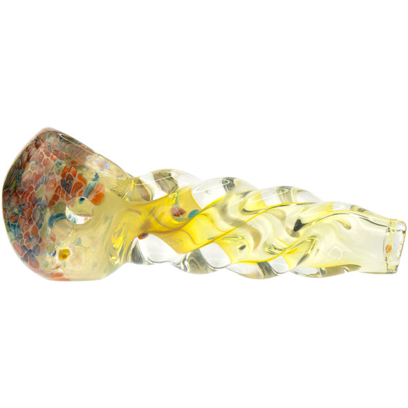 Side view of fumed glass swirl spoon hand pipe with twisted neck and side carb