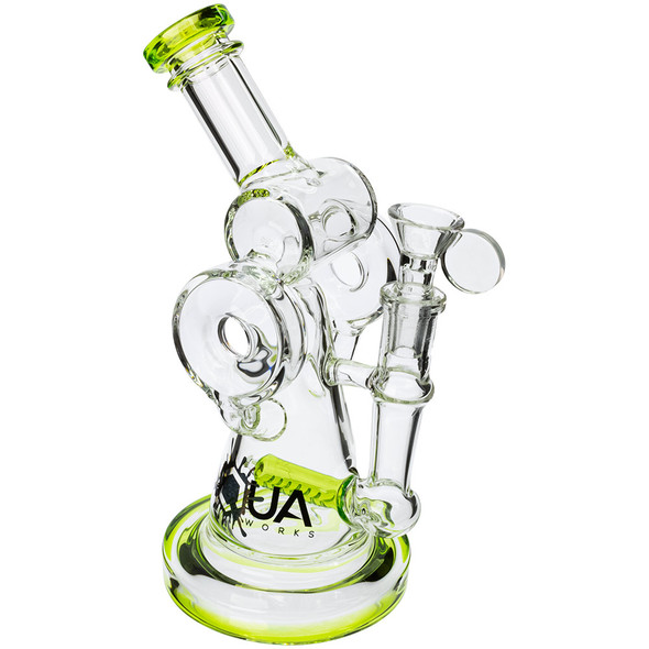 Unique double donut chamber and cone body water pipe with green accents.