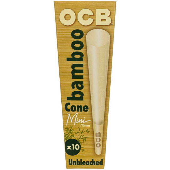  OCB Bamboo 70mm Mini Pre-Rolled Cones, 10-Pack front box packaging.