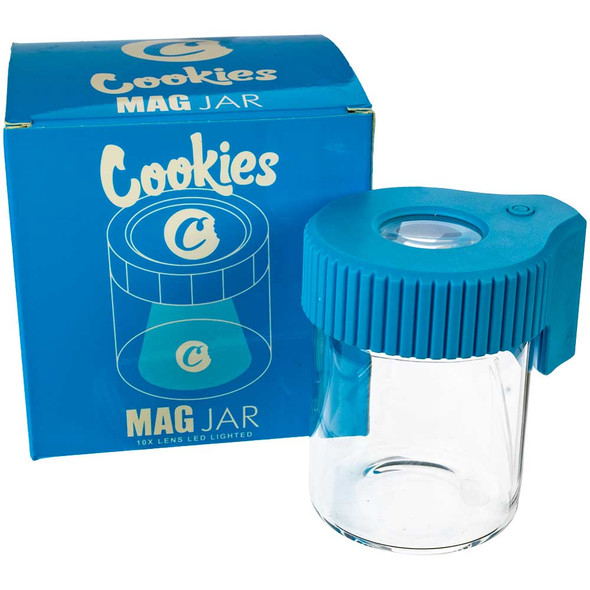 Cookies LED Lit Airtight Mag Jar in blue with packaging