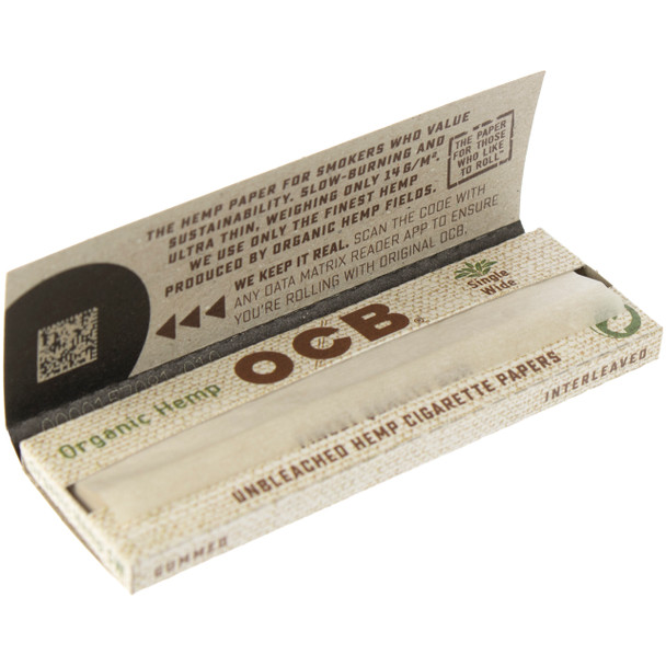 OCB Organic Hemp Rolling Papers - Single Wide pack open.