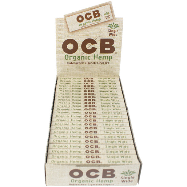 An open display box containing 24 packs of OCB Organic Hemp Single Wide Rolling Papers.