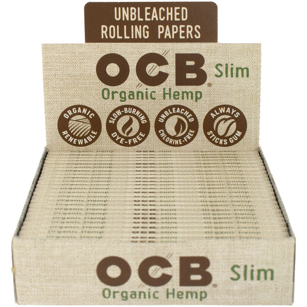 An open display box of OCB Organic Hemp Rolling Papers - Slim containing 24 packs.