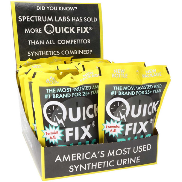 A display box of Quick Fix Plus 6.4 synthetic urine available for wholesale orders online with overnight shipping.