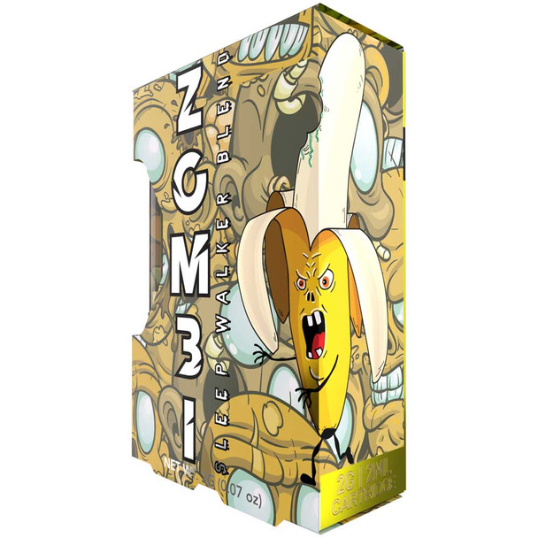 Zombi Banana Kush Live Resin 2-Gram Cartridge box with graffiti art and a cartoon banana.