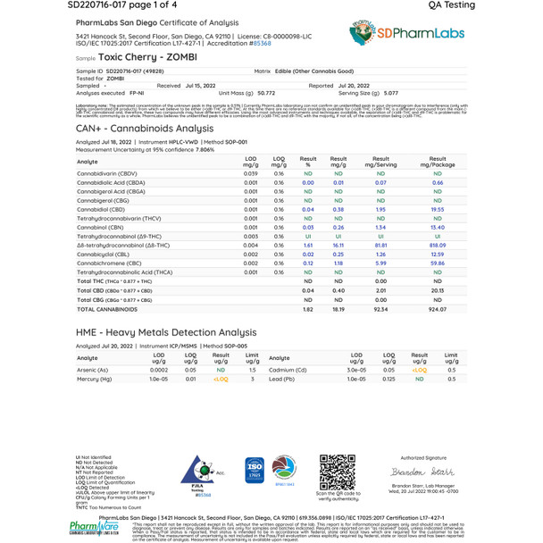 Zombi Toxic Cherry Live Resin Gummies, 20 Count